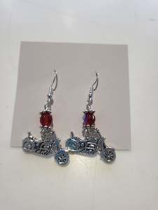 Womens Clearance Sale: Earings-Silver Motorbike/Red Bead