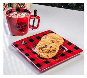 Harley-Davidson Bar & Shield Red & Black Plaid Ceramic Mug & Plate Set