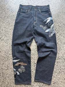 Jeans: Karakuri Tamashii Embroidered Denim Jeans - 34W x 34L