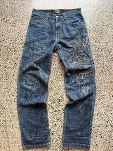 Jeans: Japanese Dragon Embroidered Jeans - 32W x 32L