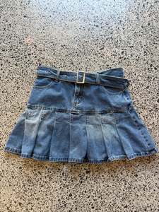 Pleated Denim Mini Skirt with Belt - S