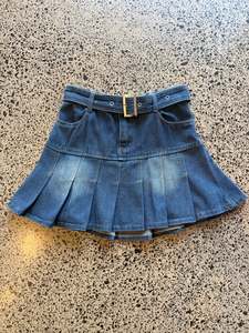 Mini Skirts: Pleated Denim Mini Skirt - XS