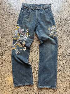 Jeans: Quadro Japanese Embroidered Denim Jeans - 32W x 32L