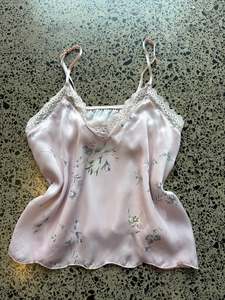 Floral Pink Satin Cami with Lace Detailing - S