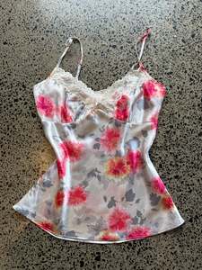 Floral Satin Cami with Lace Detailing - M