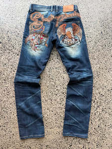 Jeans: Cloud 72 Embroidered Eagle Korean Denim Jeans - 30W