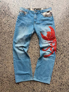 Hottest Items Right Now: Miyabi Musubi Embroidered Red Phoenix Denim Jeans - 32W
