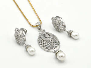 18ct Gold Rhodium CZ Pearl Pendant Earrings Set