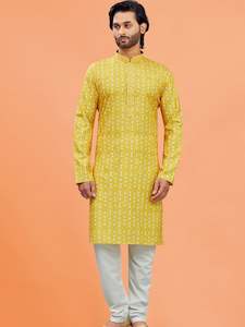 Mens: Mens Silk Printed Kurta Set