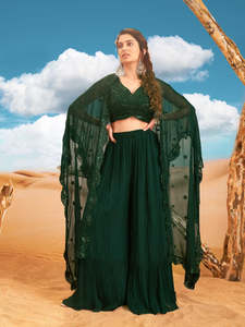 GEO TIKI RESHAM EMBWK CROP TOP PLAZZO SUIT & CAPE S/L38,42,46