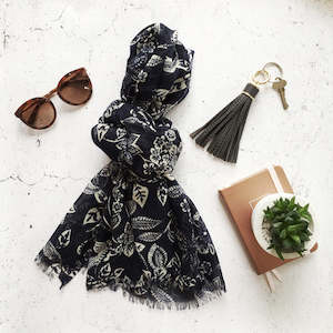 Accessories: Merino Floral Scarf - Navy