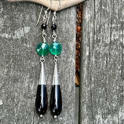 Earrings: Black onyx and green agate earrings
