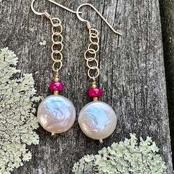 Earrings: White coin pearl and ruby earrings