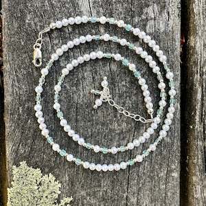 Tiny freshwater pearl and aquamarine necklace