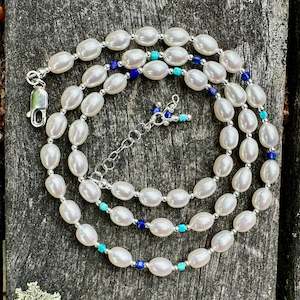White rice pearl necklace with turquoise & lapis lazuli