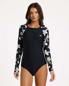 Womens Basic Mix Long Sleeve One Piece Swimsuit