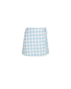 Skirts: VIDA LINEN MINI SKIRT BLUE LINEN GINGHAM