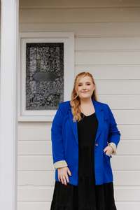 Outerwear: Boyfriend Blazer - Cobalt/Neon Yellow Stripe