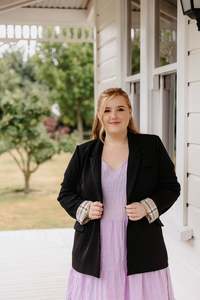 Outerwear: Boyfriend Blazer - Black/Beige Plaid