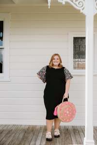 Size 14 Sale: Belle Dress (Long) - Black w Floral Sleeve