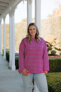 Xs 16: Oversized Tee LS - Pink/Blue Stripe