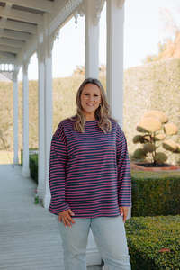 S 18: Oversized Tee LS - Navy/Pink Stripe