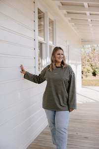 Xxs 14: Oversized Tee LS - Khaki/Navy Stripe