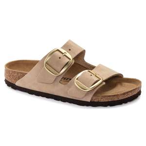 Flats: BIRKENSTOCK ARIZONA BIG BUCKLE NUBUCK SANDCASTLE