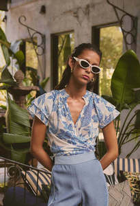 Once Was: ONCE WAS CALANDRA SILK COTTON FLUTTER SLEEVE TOP AZURE MOSAIC