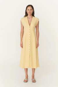 ROWIE MIRA LINEN MIDI DRESS LEMON