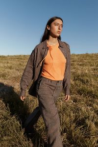 Rowie The Label: ROWIE RAMONA LINEN LONG SLEEVE SHIRT BROWN STRIPE