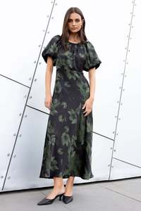 Dresses Jumpsuits: STORIES BE TOLD STAGE GREEN SHADOW GARDEN SATIN PUFF SLEEVE FLOATY MAXI DRESS
