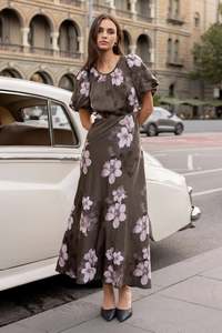 Dresses Jumpsuits: STORIES BE TOLD STAGE COCOA BLOSSOM FLORAL SATIN PUFF SLEEVE FLOATY MAXI DRESS