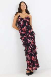 Dresses Jumpsuits: GEORGIA ZOE GALORE BLACK PINK ABSTRACT PRINT BIAS RUFFLE SLIP MAXI DRESS