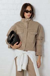 STORIES BE TOLD CRAFTED TAUPE FUNNEL NECK DENIM JACKET