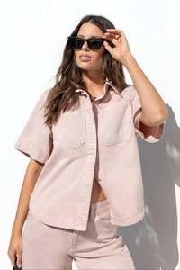 Jackets Coats: STORIES BE TOLD CRUCIAL PALE PINK DENIM SHORT SLEEVE SHACKET