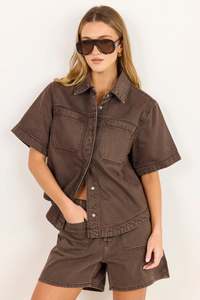 Jackets Coats: STORIES BE TOLD CRUCIAL MOCHA DENIM SHORT SLEEVE SHACKET