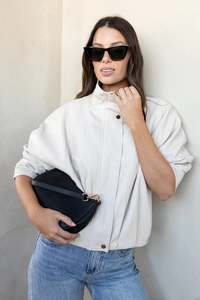 Jackets Coats: STORIES BE TOLD ENSEMBLE PUTTY FAUX LEATHER FUNNEL NECK ZIP THROUGH BOMBER JACKET