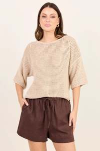 RE:UNION LIFESTYLE DARK CHOCOLATE TIE WAIST LINEN SHORT