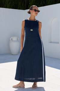 Dresses Jumpsuits: STORIES BE TOLD FUTURE INK LINEN SLEEVELESS MIDI DRESS