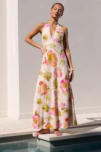 Dresses Jumpsuits: GEORGIA ZOE ESCAPISM PINK FLORAL TIE NECK HALTER MAXI DRESS