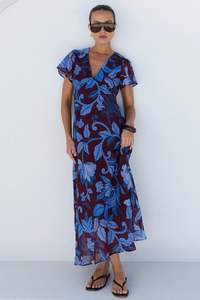 Dresses Jumpsuits: AMONG THE BRAVE CHARIOT BURGUNDY BLUE FLORAL FLUTTER SLEEVE MAXI DRESS