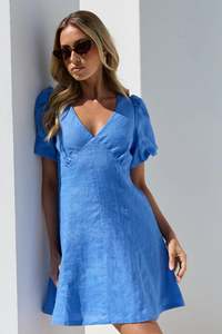 Dresses Jumpsuits: AMONG THE BRAVE ADELAIDE BLUE LINEN PUFF SLEEVE PANELLED MINI DRESS