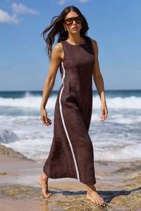 STOREIS BE TOLD FUTURE DARK CHOCOLATE LINEN SLEEVELESS MIDI DRESS