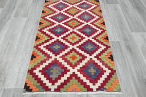 Multi: Turkish Kilim Rug 137 x 90cm | Colourful Diamond Medallion Design
