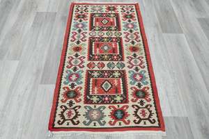 Multi: Turkish Kilim Rug 125 x 70cm | Ivory Border Anatolian Design