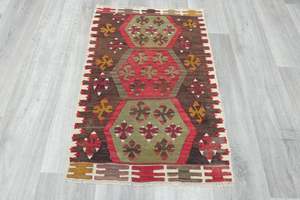 Authentic Turkish Kilim Rug 90 x 60cm | Geometric Anatolian Wool Flatweave