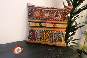 Wool: Handmade Turkish Kilim Cushion Cover 60 x 60cm with Insert | Original Anatolian Kilim | Organic Cotton Backing | TK26-C1070