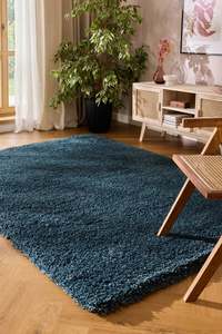Cool Tones: Textured Navy Blue Solid Plain Twilight Shaggy Rug (39001-5544)