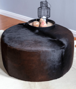 Round Cowhide Ottoman - Solid Black